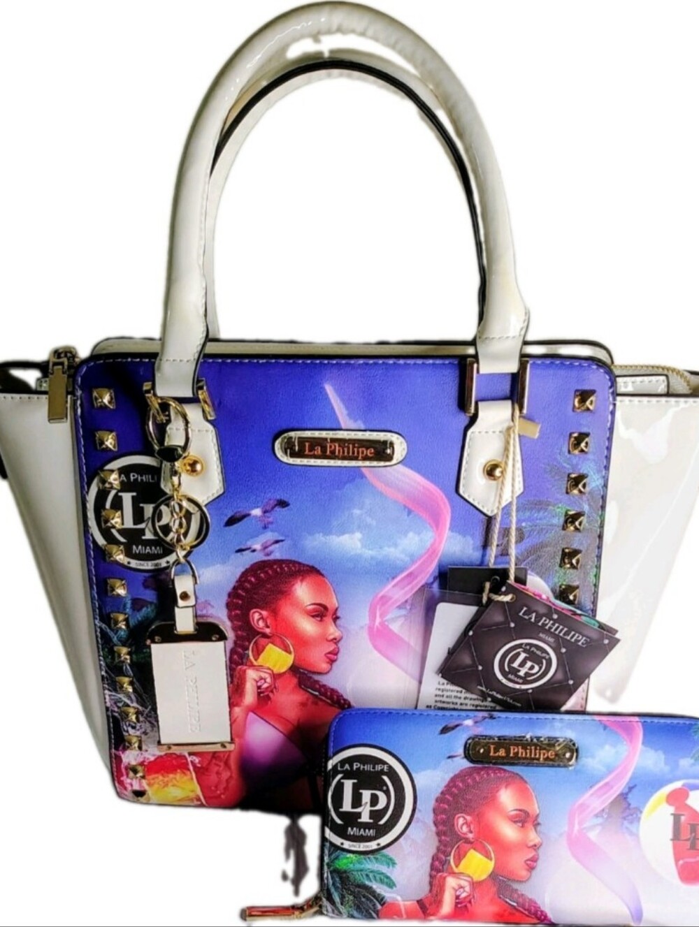 La Philipe White and Blue Printed Satchel with Matching Wallet